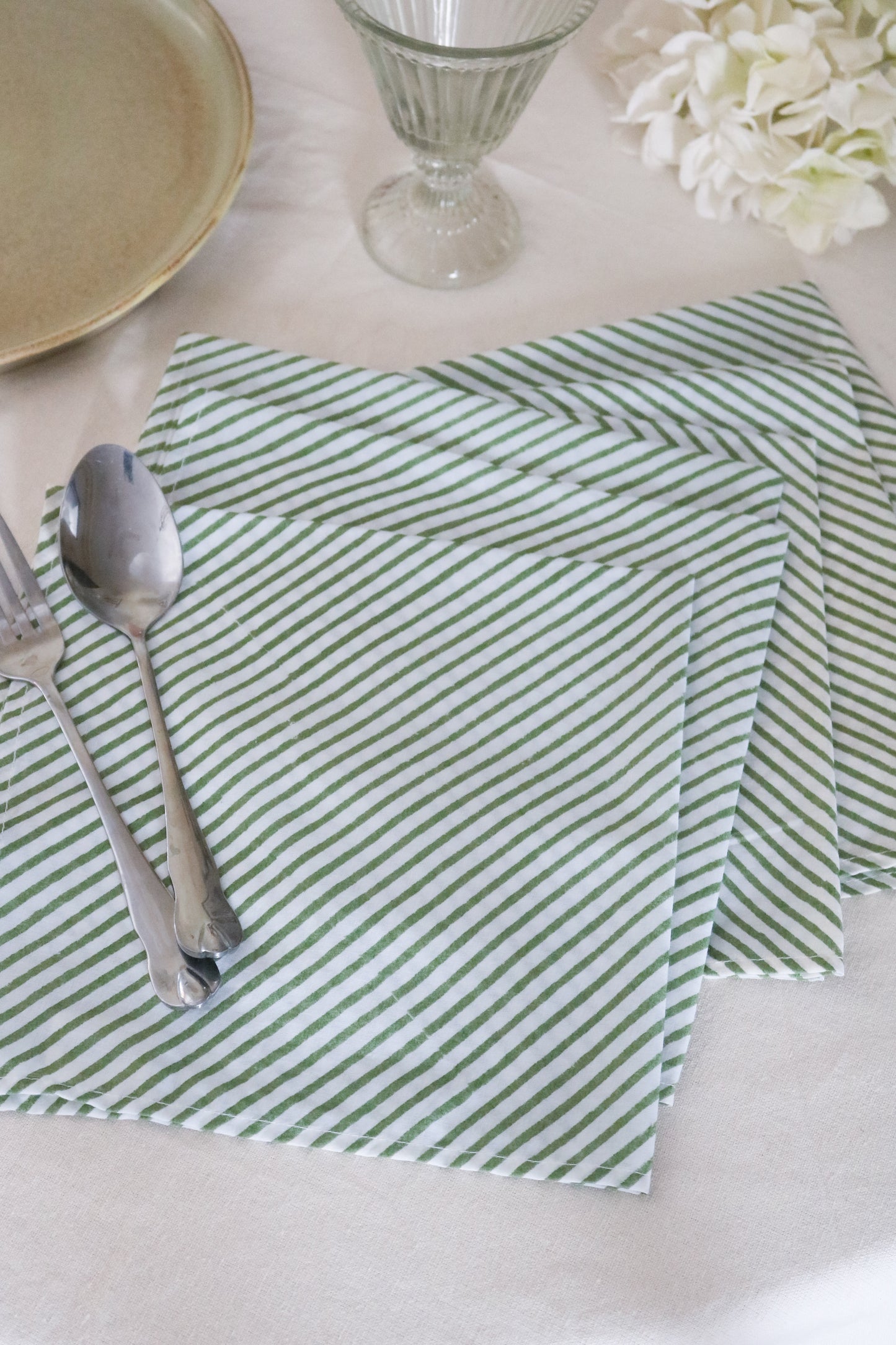 Cotton Striped Napkins | Green & White
