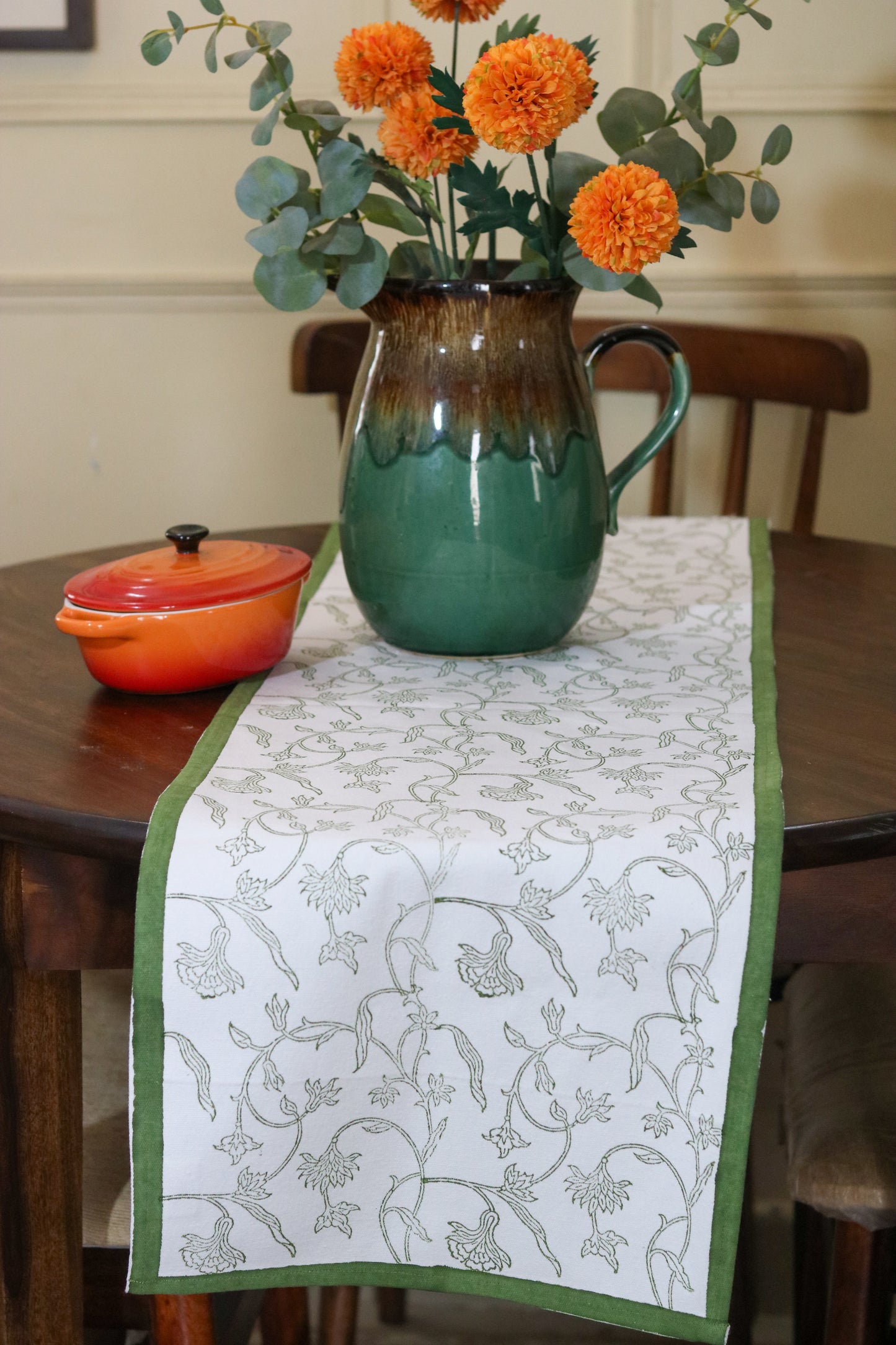 Hand-Block Printed Floral Vine Table Runner | Olive Green