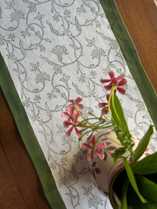 Floral printed olive green table runner for fall