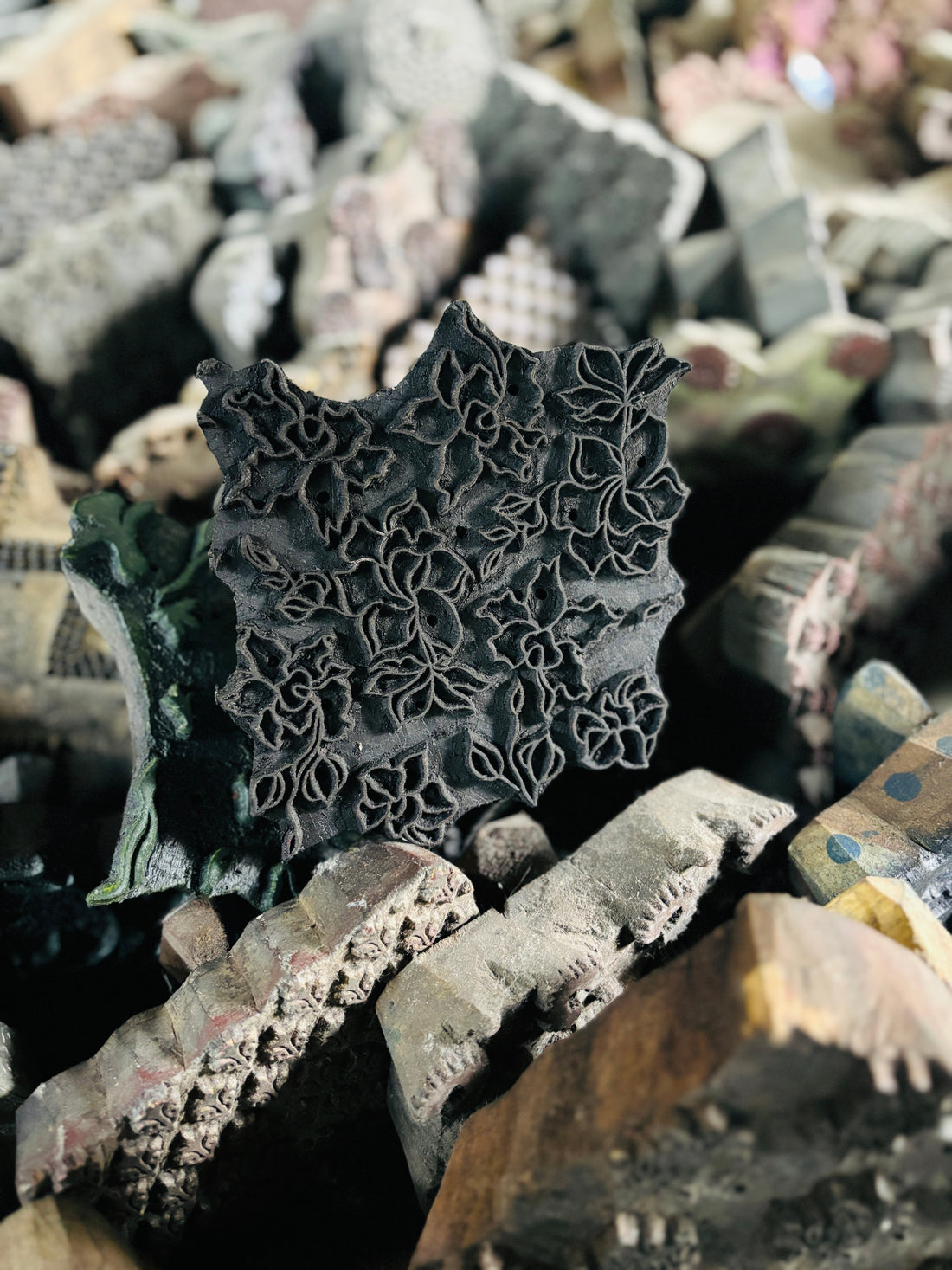 Hand carved wooden block used for printing textiles; used here by home decor brand in Toronto- 15 Arras