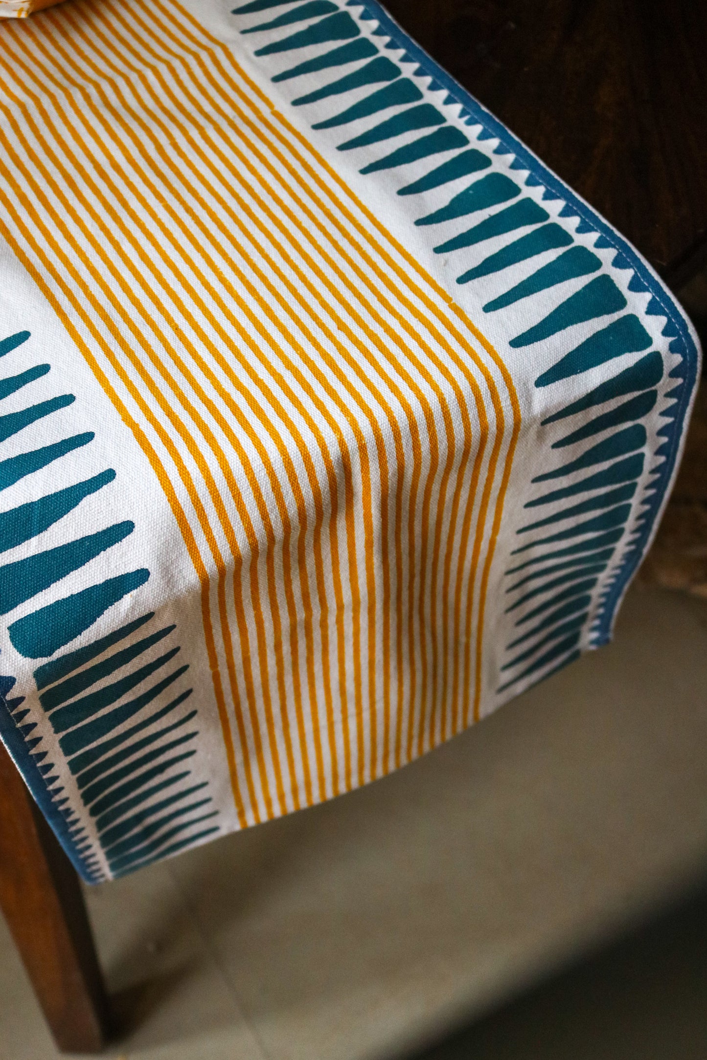 Hand-Block Printed Striped Table Runner | Blue & Mustard