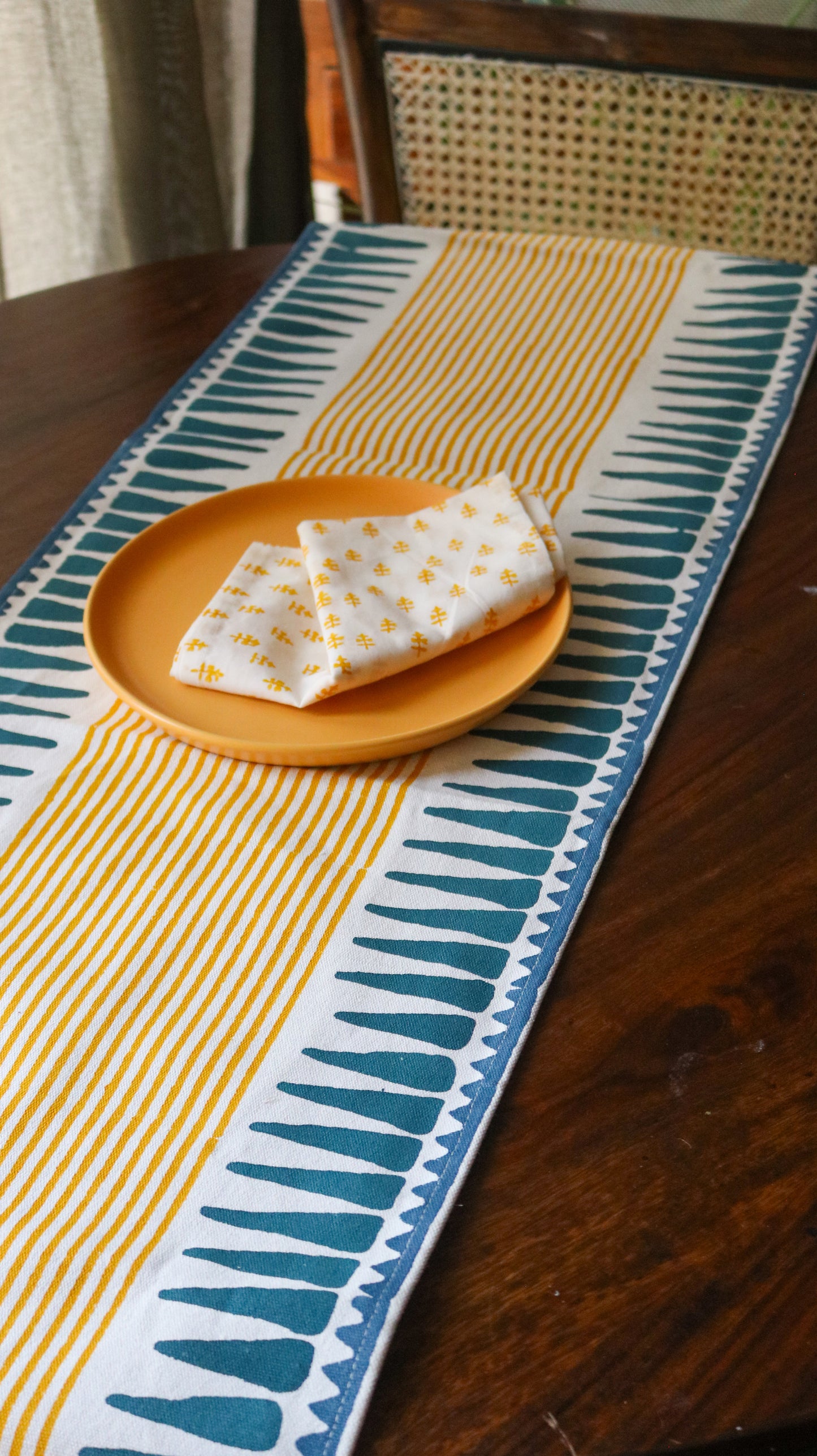 Hand-Block Printed Striped Table Runner | Blue & Mustard
