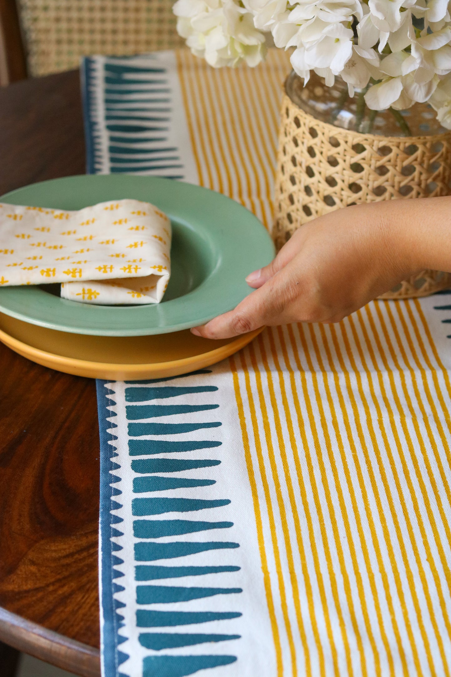 Hand-Block Printed Striped Table Runner | Blue & Mustard