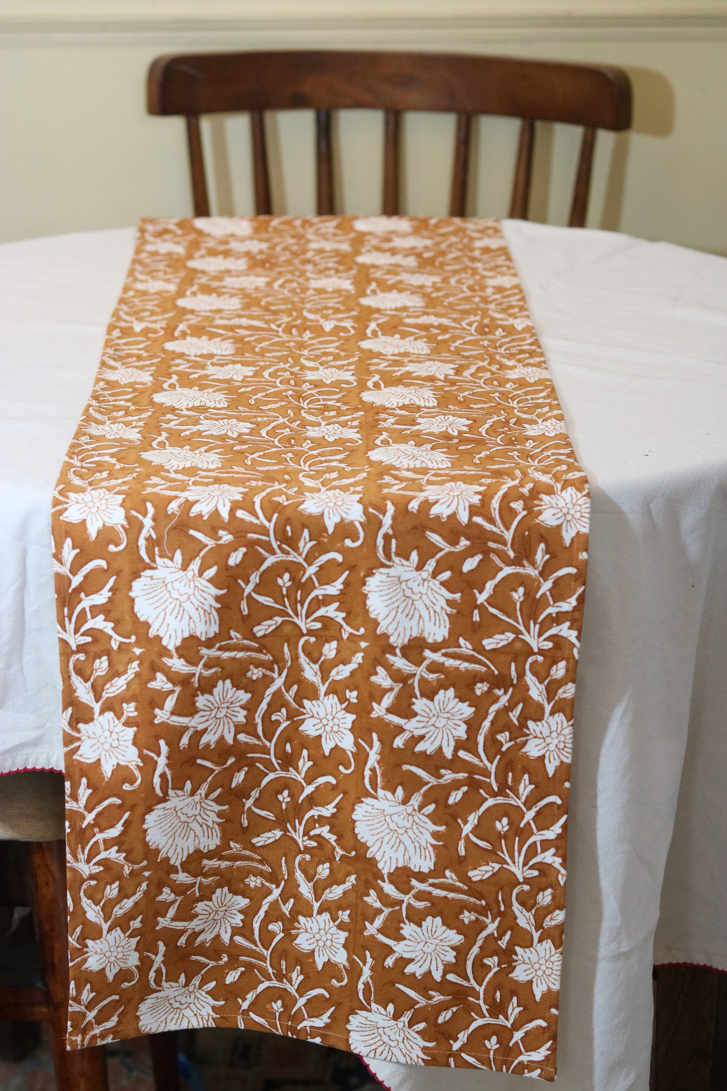 Hand-Block Printed Floral Vine Table Runner | Terracotta and Ivory