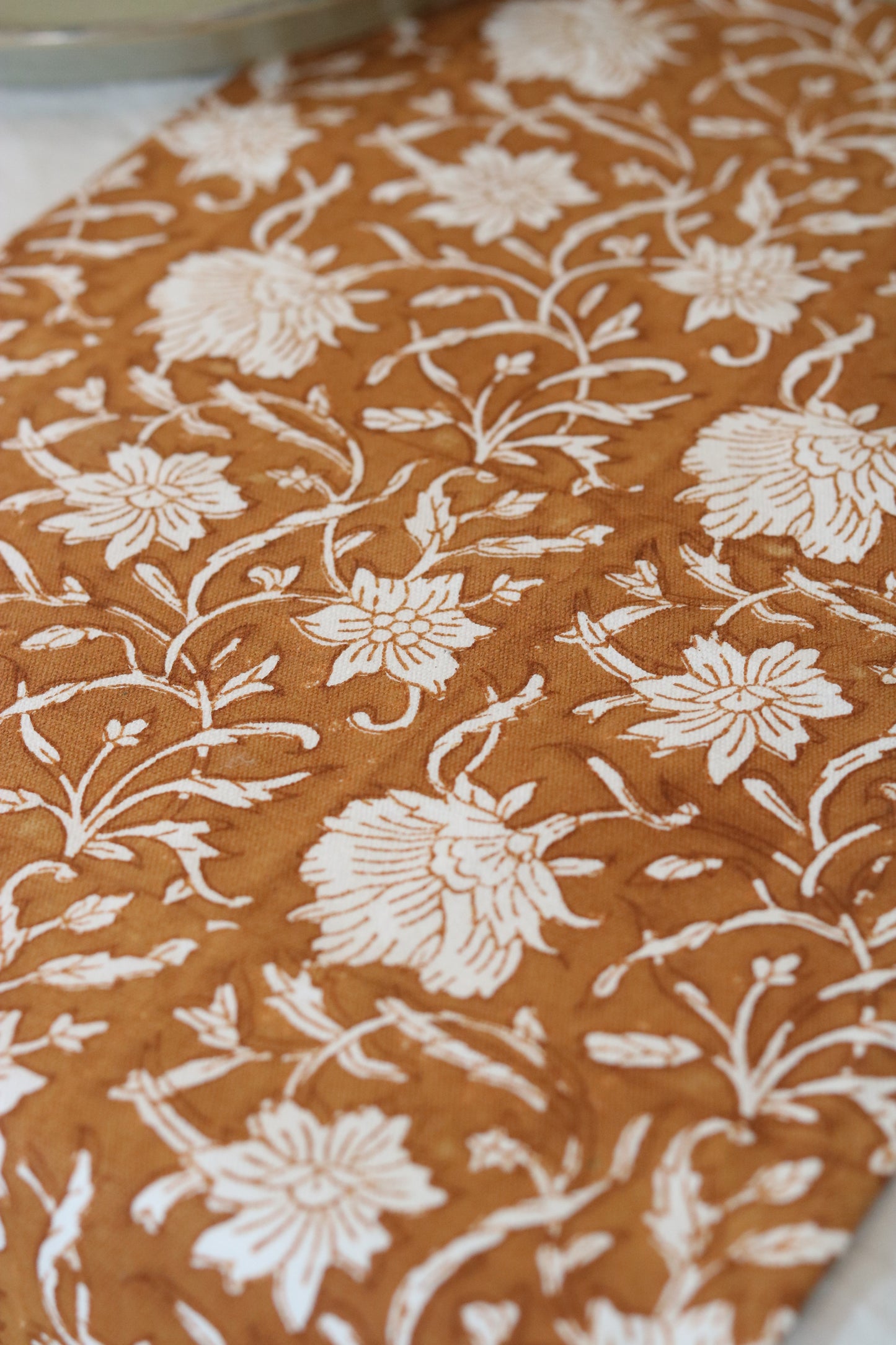 Hand-Block Printed Floral Vine Table Runner | Terracotta and Ivory