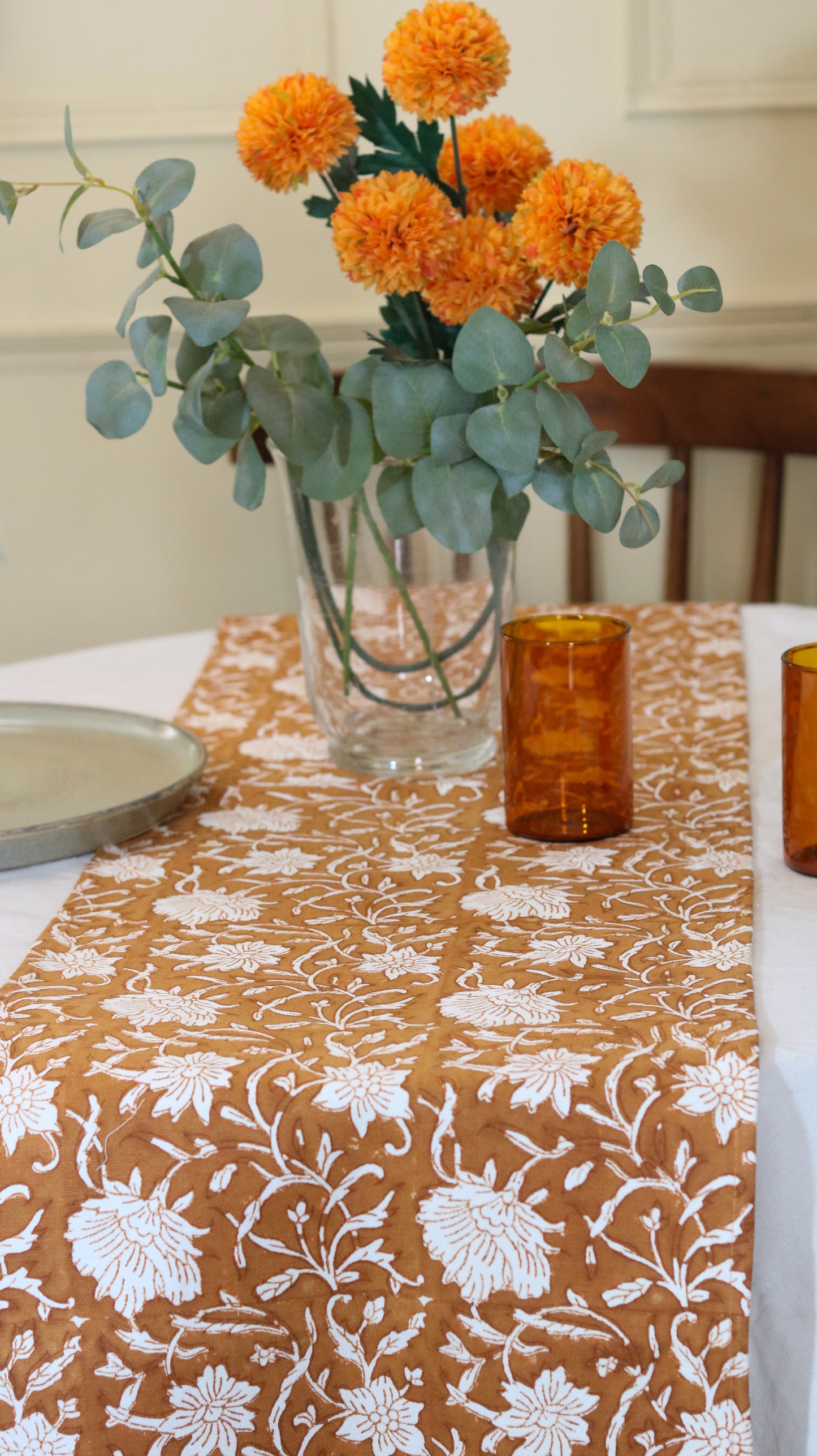 Hand-Block Printed Floral Vine Table Runner | Terracotta and Ivory
