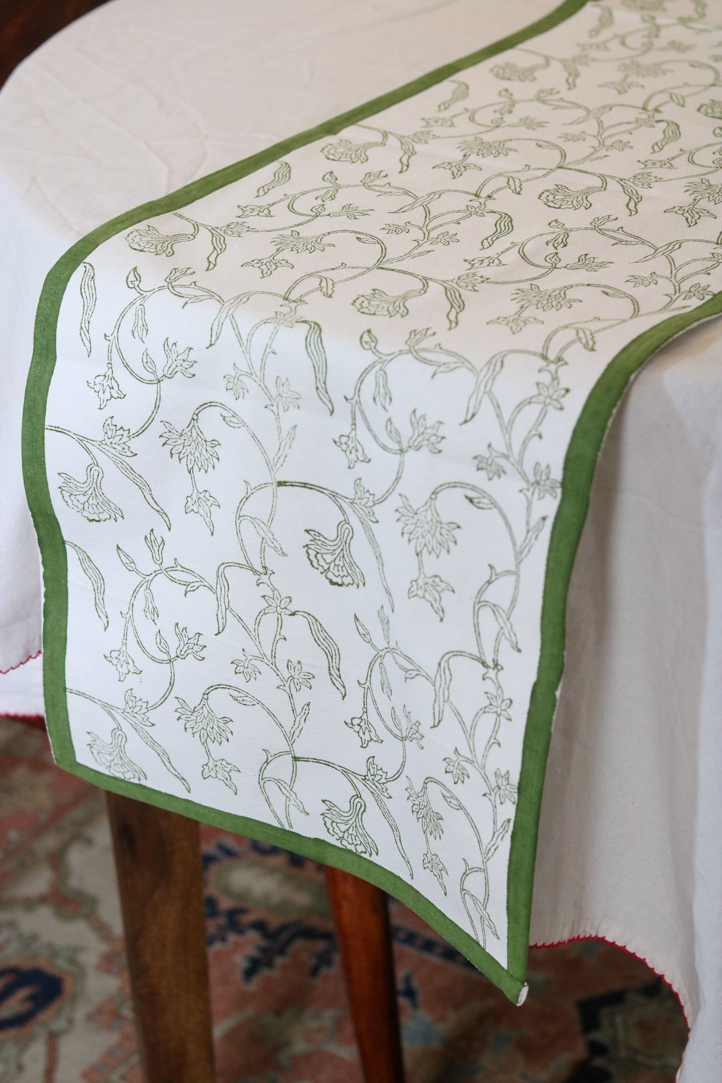 Hand-Block Printed Floral Vine Table Runner | Olive Green