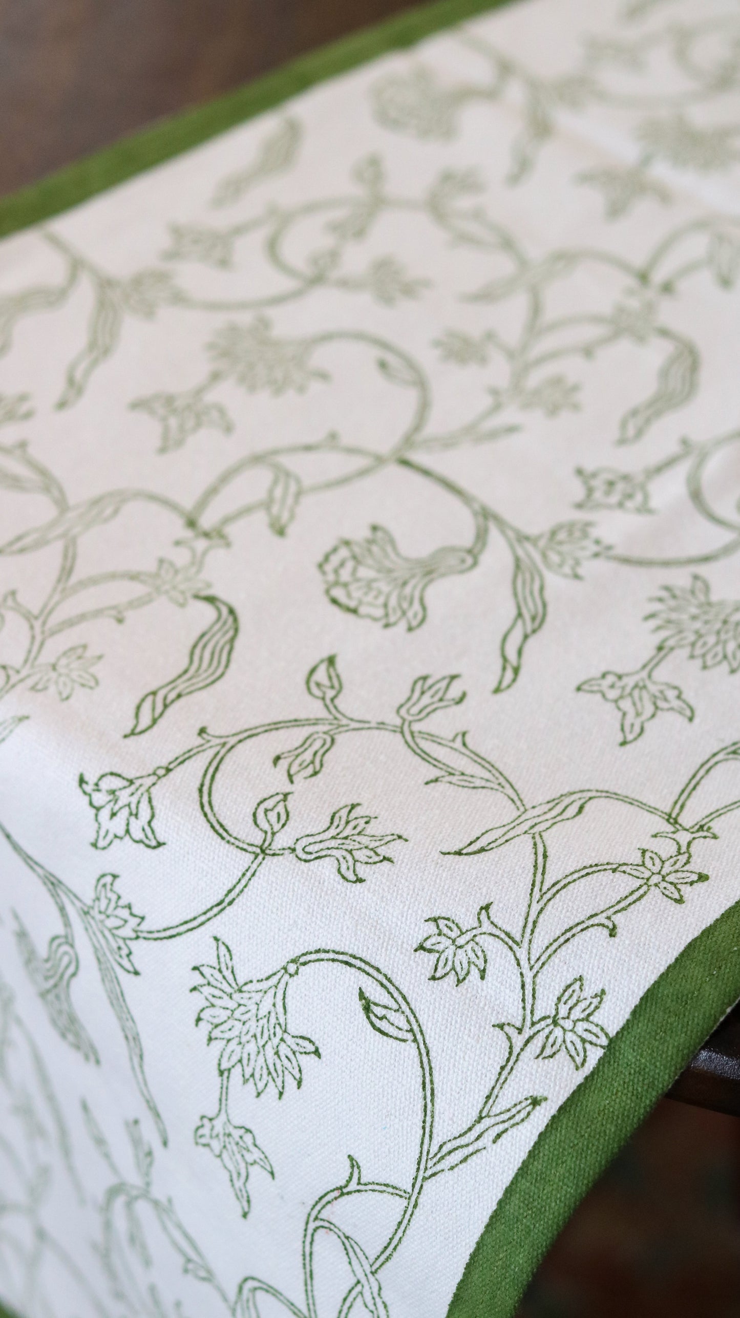 Hand-Block Printed Floral Vine Table Runner | Olive Green