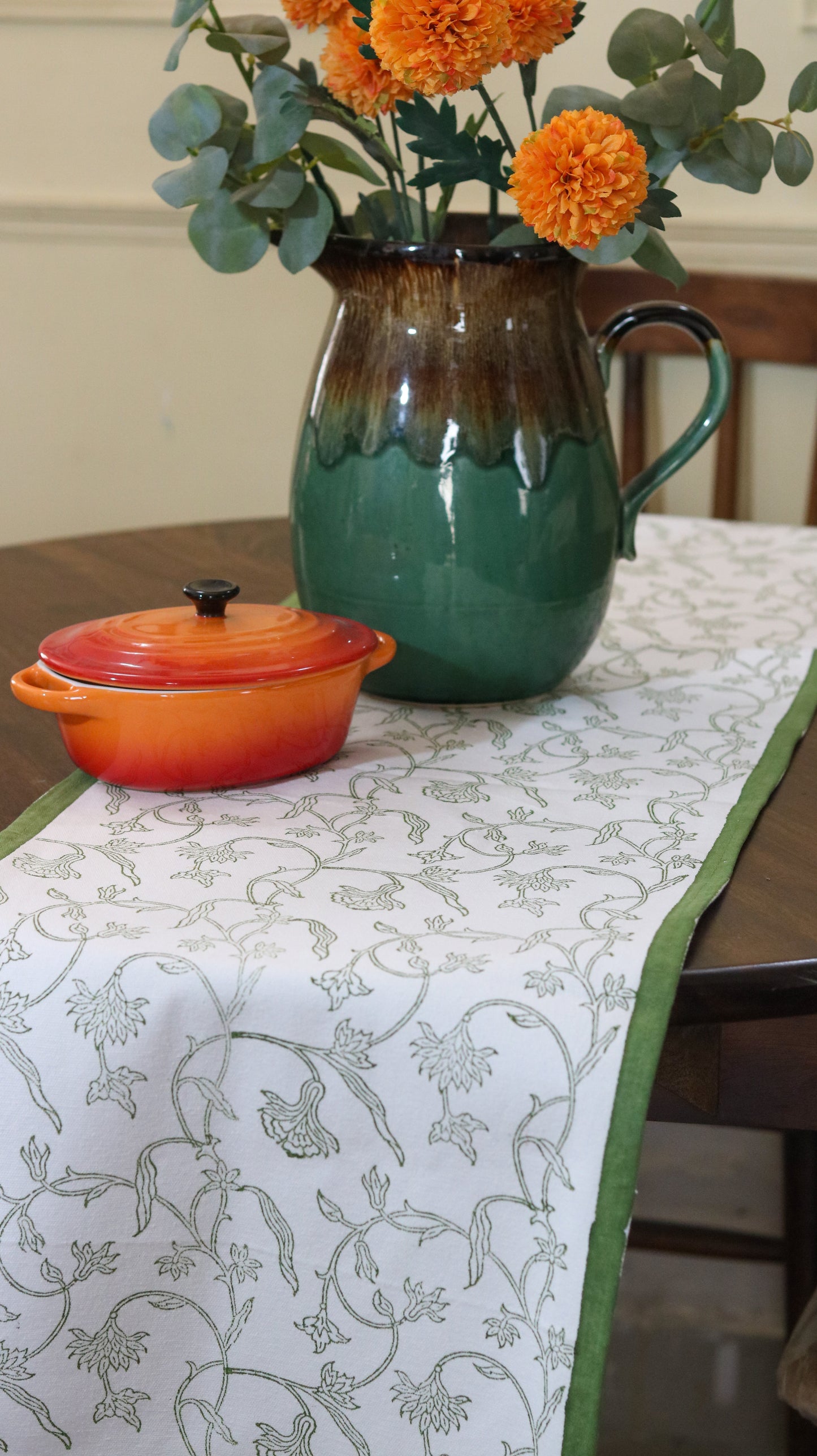 Hand-Block Printed Floral Vine Table Runner | Olive Green