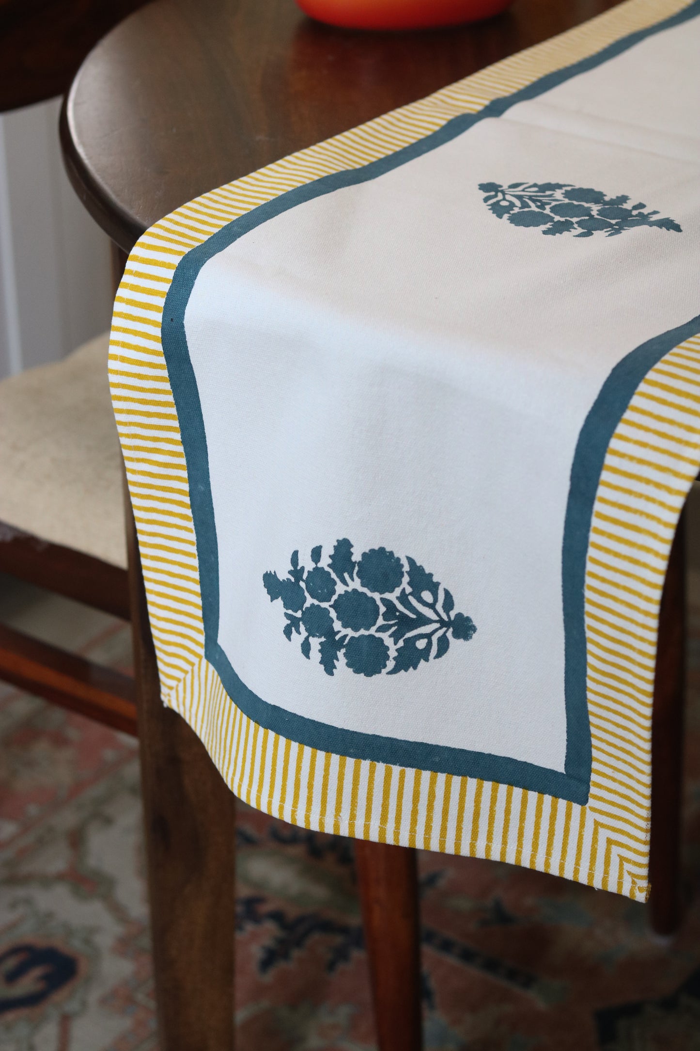 Hand-Block Printed Floral Table Runner | Blue & Mustard