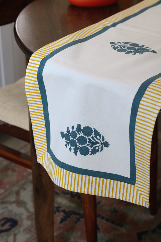 Hand-Block Printed Floral Table Runner | Blue & Mustard
