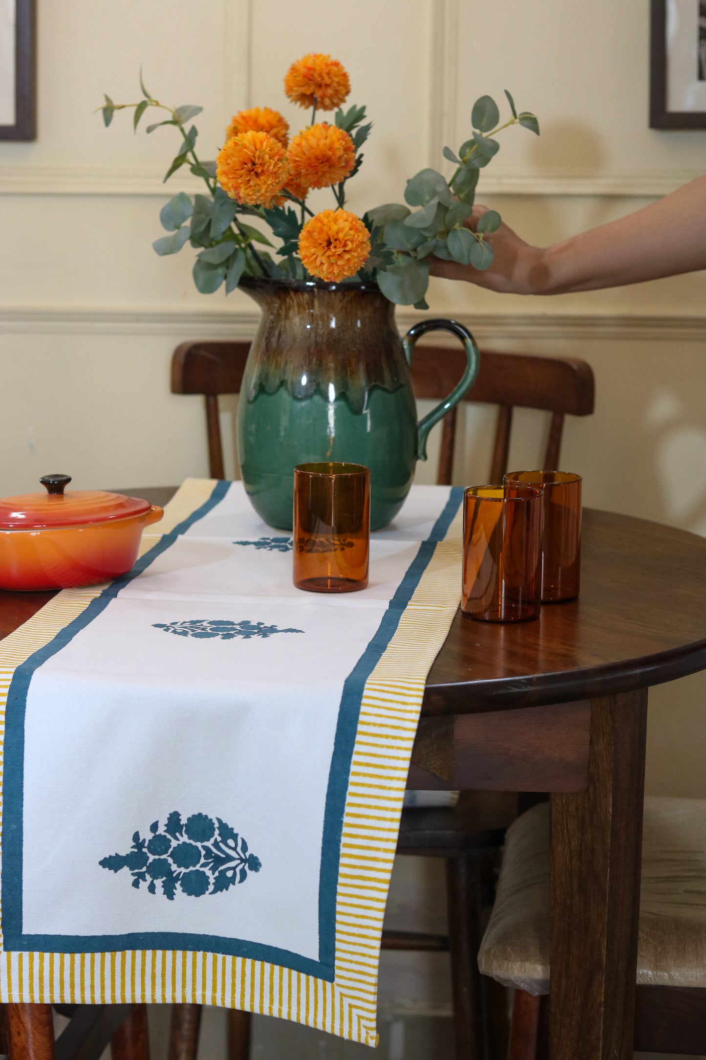 Hand-Block Printed Floral Table Runner | Blue & Mustard