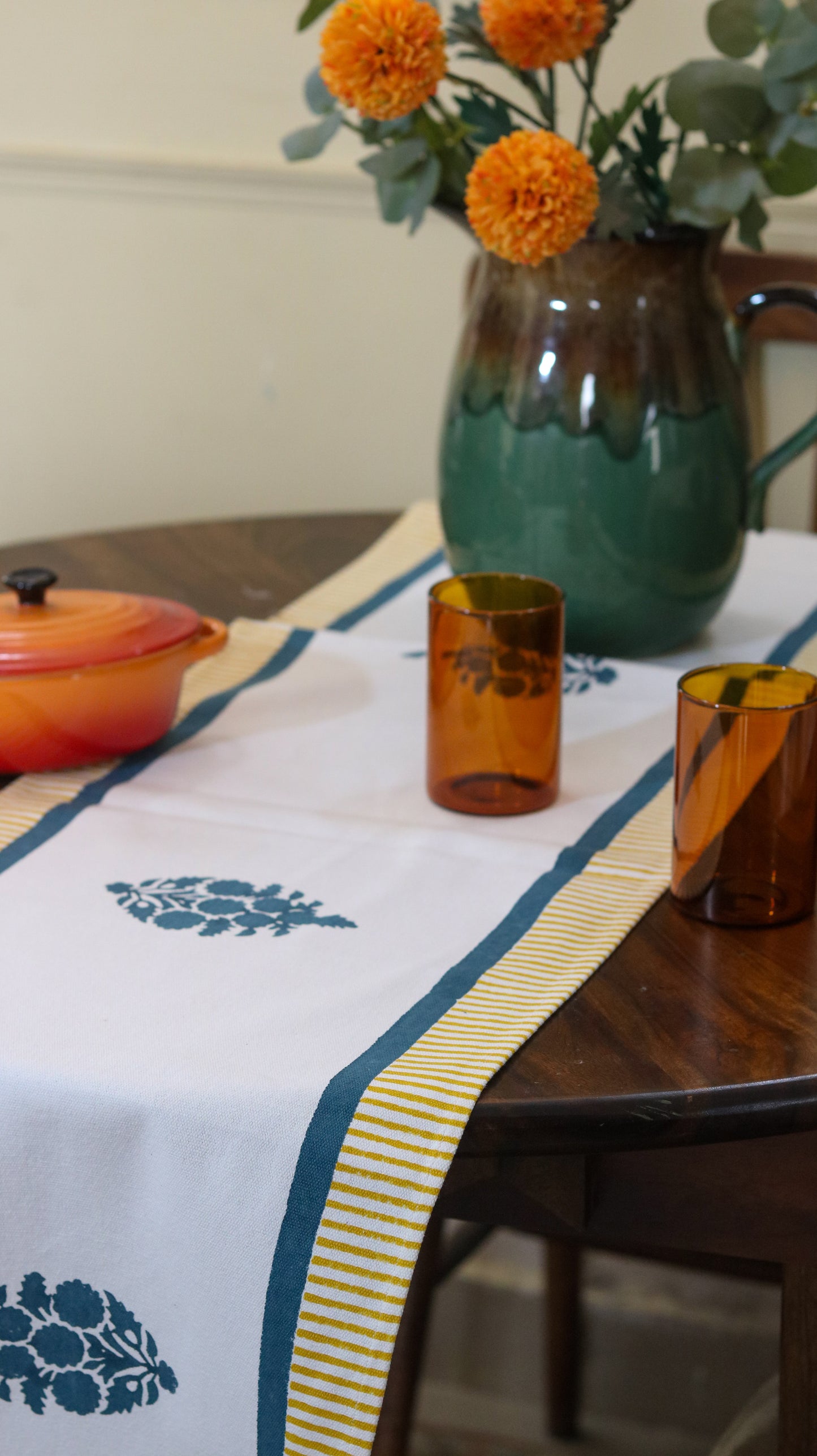 Hand-Block Printed Floral Table Runner | Blue & Mustard