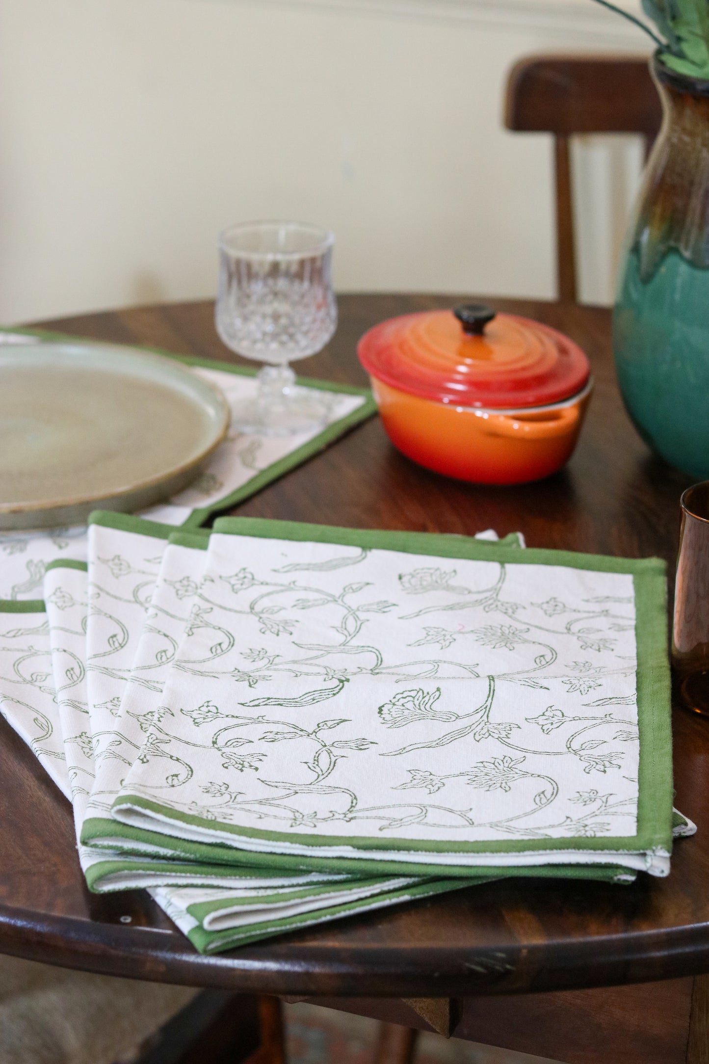 Floral Vine Cotton Placemats | Olive Green